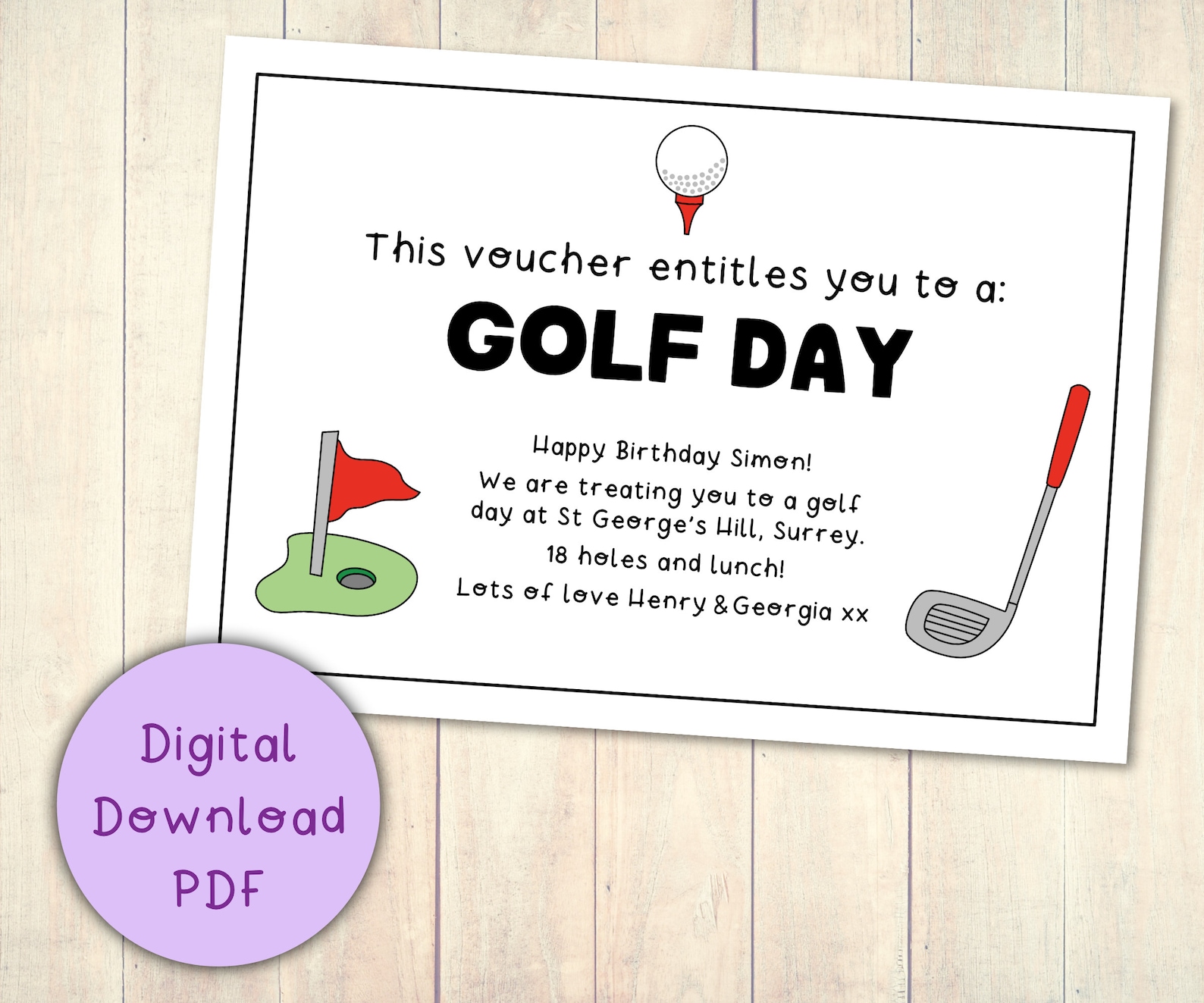 Golf Day Gift Voucher Coupon Printable Digital Download PDF / Last