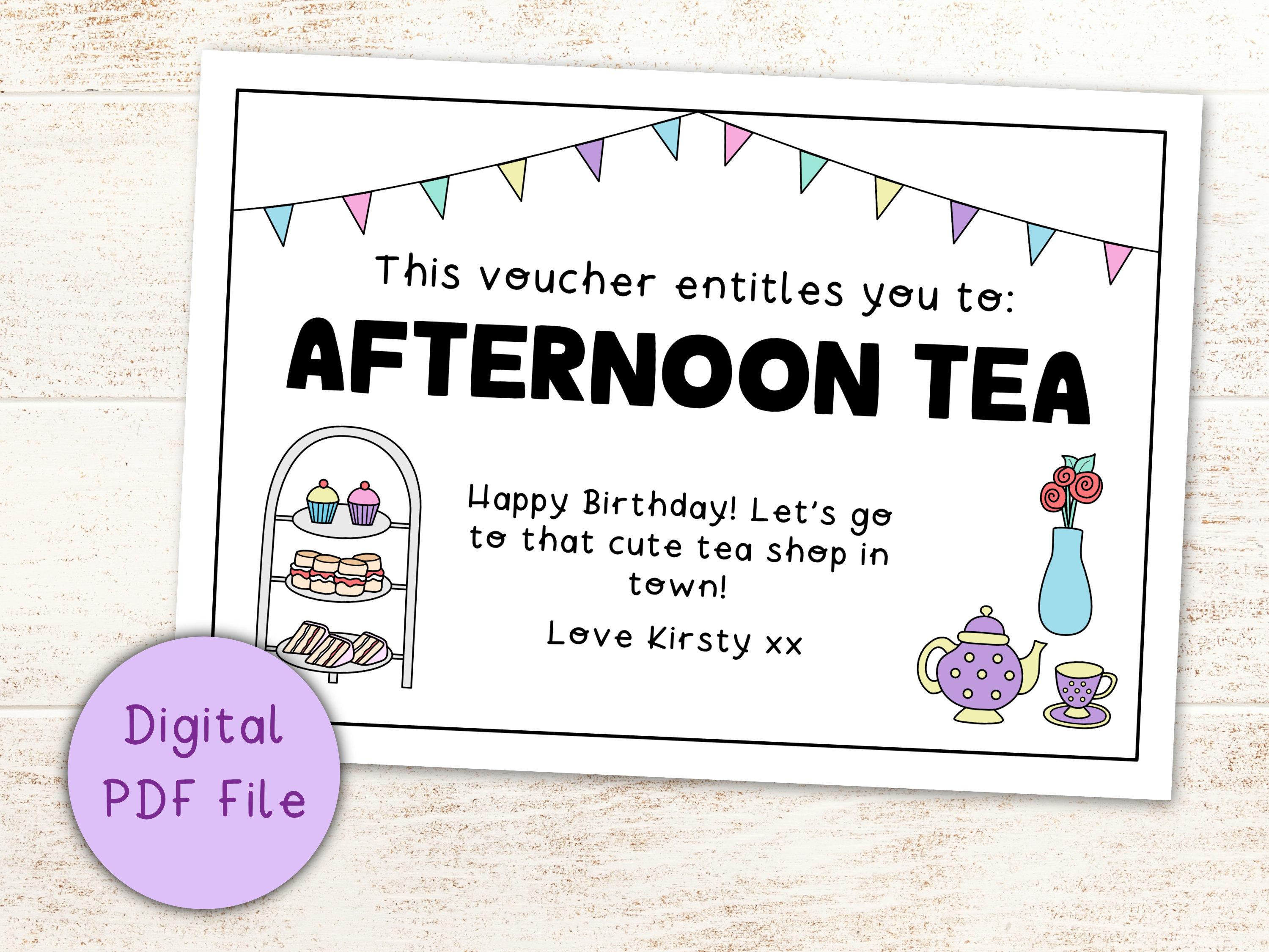 Afternoon Tea Gift Voucher Coupon Printable Digital Download PDF / Last
