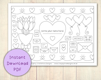 Printable Valentines Colouring Placemat: Hearts & Flowers (PDF Download)