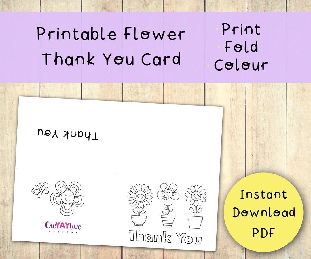 Printable Flower Thank You Card / Kids Colouring Card / Instant ...