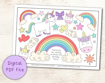 Personalized Rainbow Unicorn Coloring Page: Party Favor (Digital Download PDF)