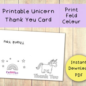 Printable Unicorn Thank You Card / Kids Colouring Card / Instant ...