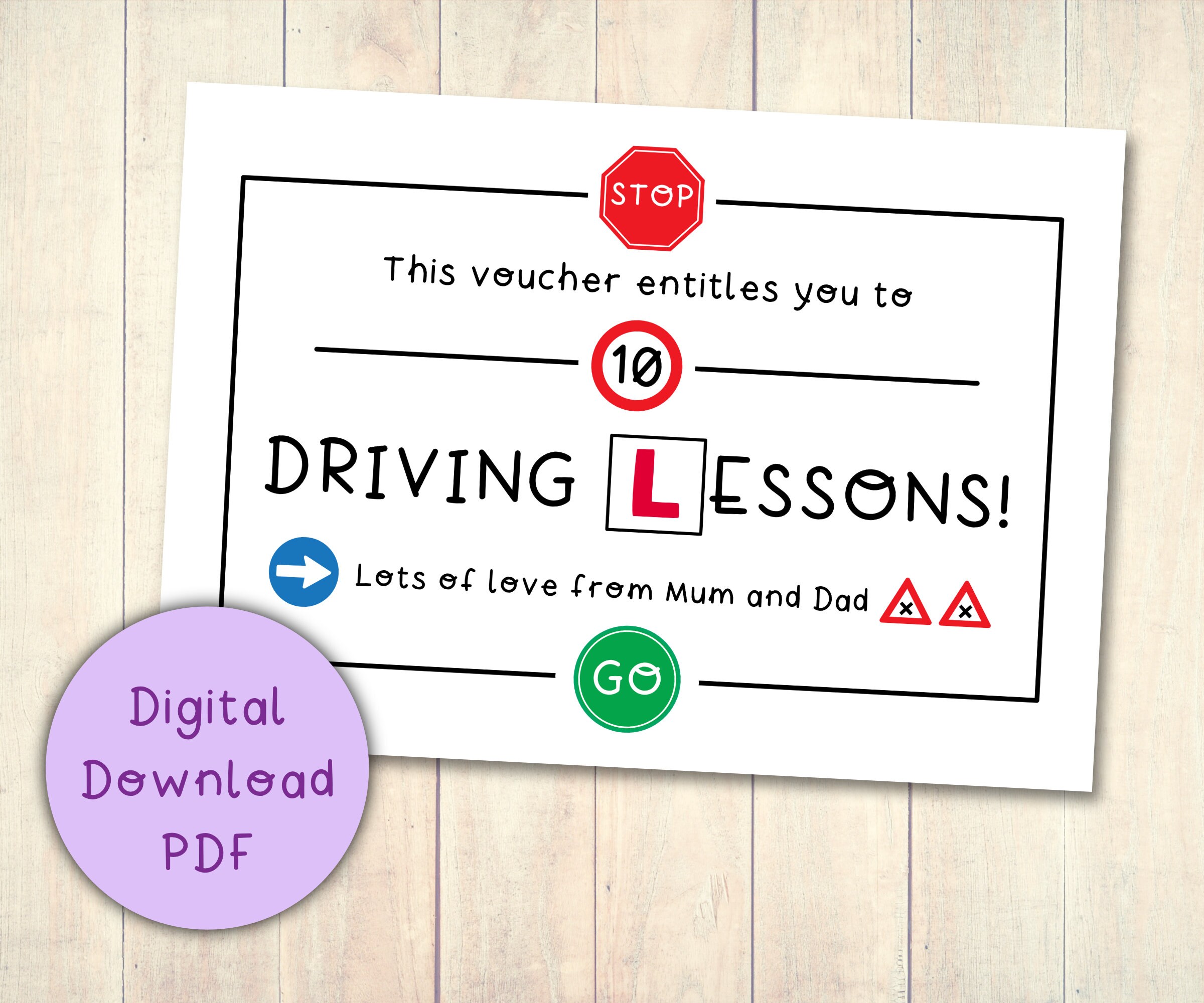 Driving Lessons Gift Voucher Coupon Printable Digital Download Etsy