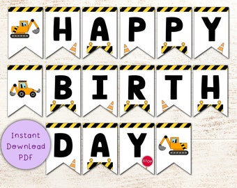 Printable Construction Happy Birthday Bunting / Digger Banner Birthday PDF / Instant Download Construction Birthday Flag Banner