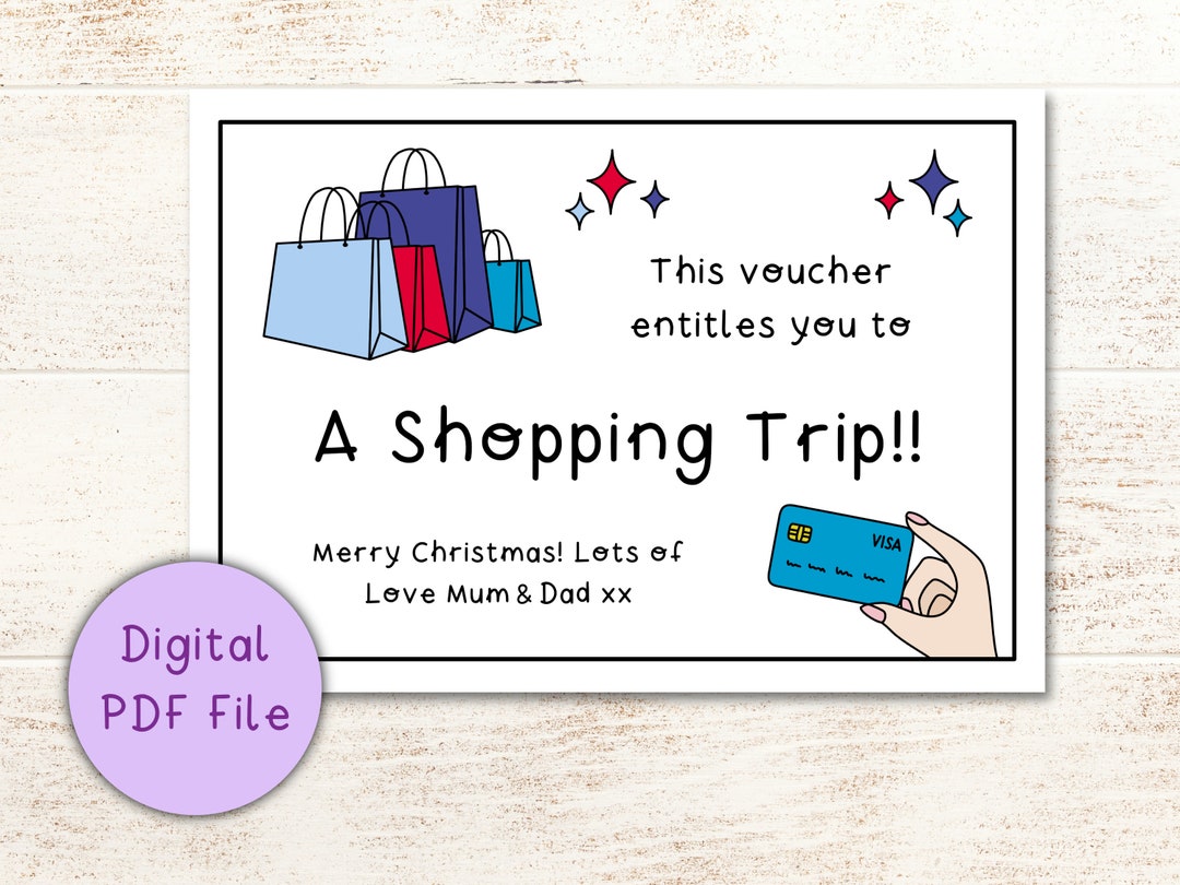 Shopping Trip Gift Voucher Coupon Printable Digital Download PDF / Blue