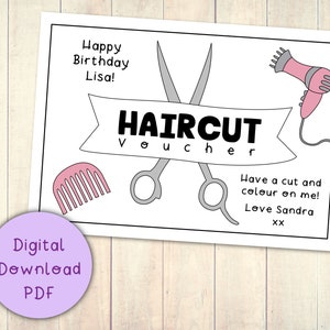 Cupón de regalo de corte de pelo Cupón imprimible Digital Descargar PDF / Regalo femenino de última hora / Cupón de cumpleaños de peinado