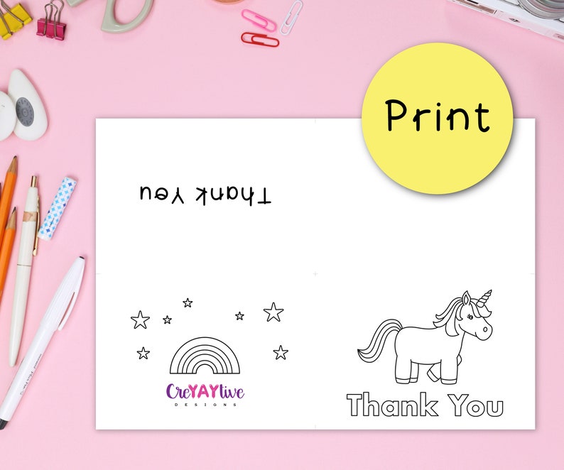 Printable Unicorn Thank You Card / Kids Colouring Card / Instant ...