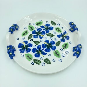 Serving tray, pottery serving platter, ceramic plate with handles, round serving tray, blue flower tray, hand painted tray, handmade tray