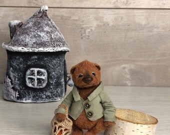 Hand-Knitted Teddy Bear: Collectible Brown Bear in Clothescollectible toy, handmade author's work