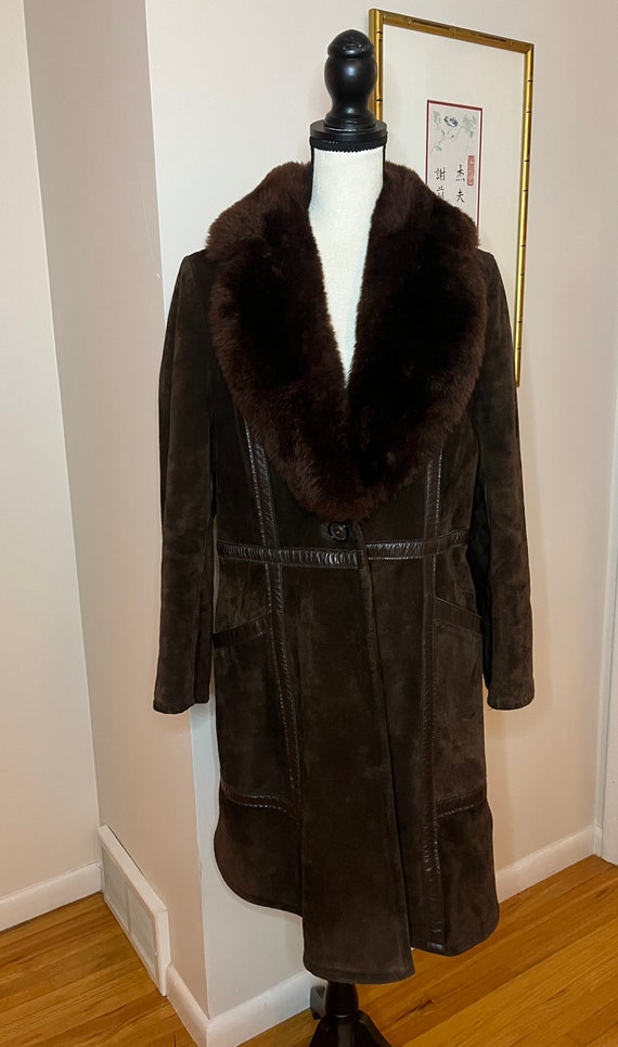 Vintage Dark rich Brown Leather & Suede long Coat 