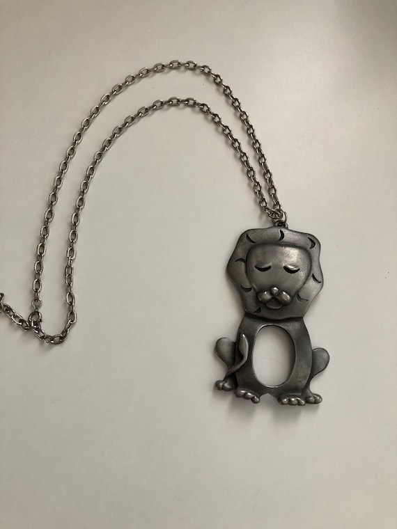 Vintage Large Metal Lion Pendant Necklace on Silve