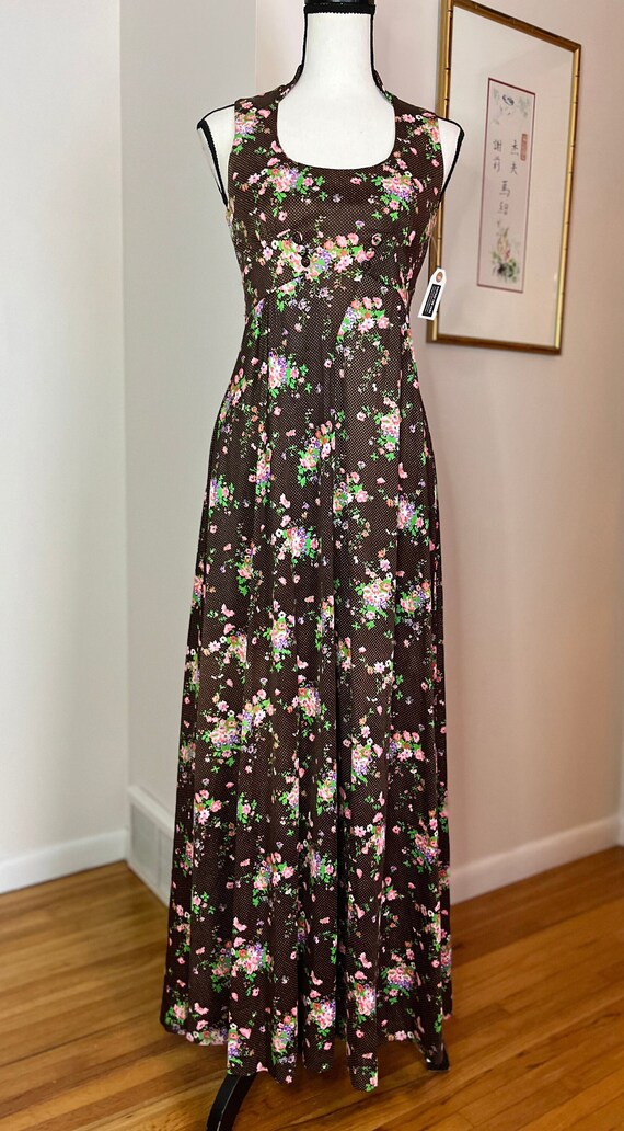 Vintage Meleny Road Maxi Brown Dress with pink fl… - image 1