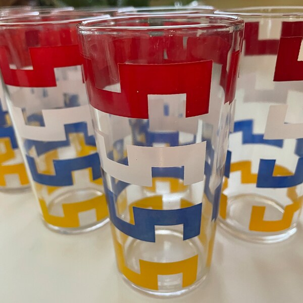 Vintage Red, Yellow and Blue geometric horizontal striped glasses - Set of 4 available