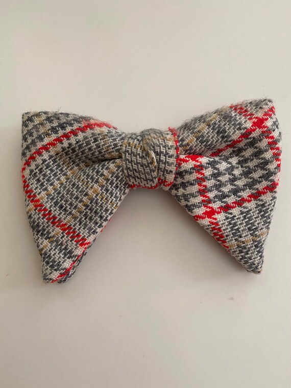 Vintage grey and white with red plaid bow tie. - image 1