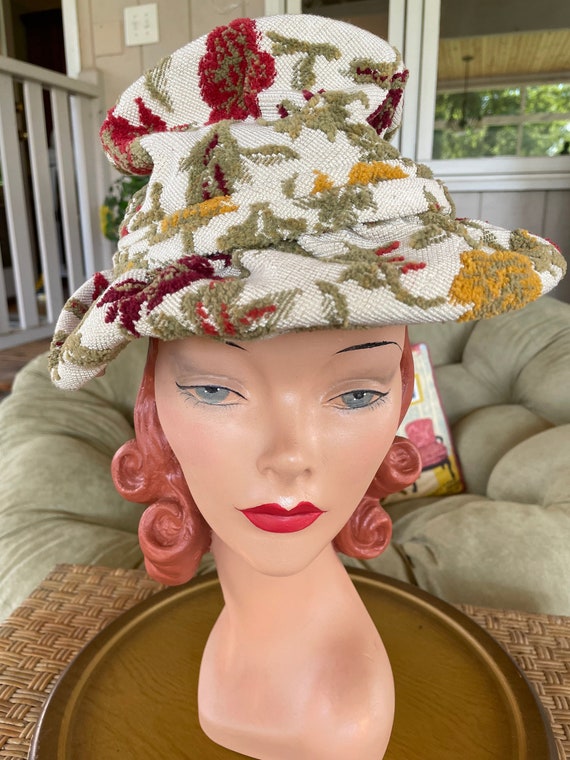 Vintage union made cream floral tapestry hat