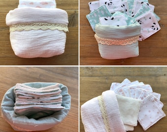 Lingettes lavables bébé et panière double gaze