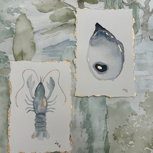 Dipinto a mano acquerello animale acquatico della Louisiana / ostrica / gamberetti / granchio / acquerello di gamberi / foglia oro/argento / dipinto unico nel suo genere