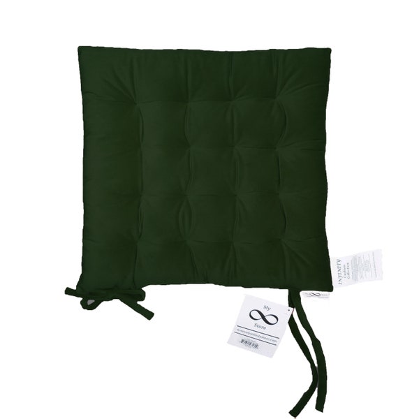 Infinity Collection Darkest Green 16" Square Chair Pad/Cushion: Tie Backs Reversible Tufted Plush for Kitchen Bar Stool Dining Room