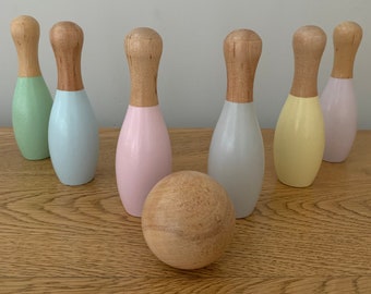 Children's Wooden Skittles Set, Bowling Pins, Wooden Toys, Wooden bedroom decor.