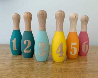 Children's Numbered Wooden Skittles Set, Bowling Pins, Wooden Toys, Wooden bedroom decor.