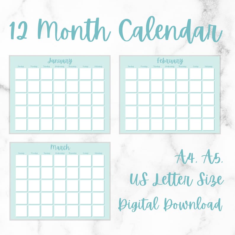 12 Month Calendar Printable Monthly Planner Printable | Etsy