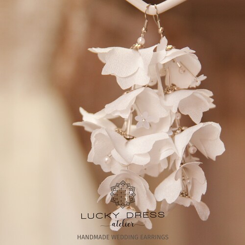 White Silk Flowers Earrings Boho Bride Etsy