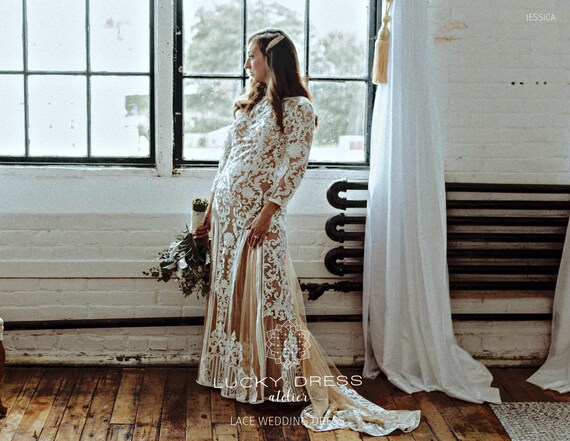 Geometric Lace Wedding Dress Nude 