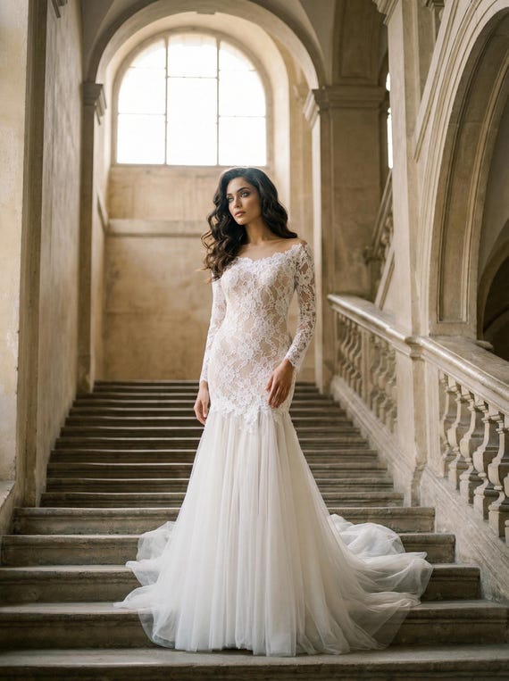 Romantic Chantilly Lace Mermaid Wedding Gown, Unique Custom Design Tulle | ELIZABETH
