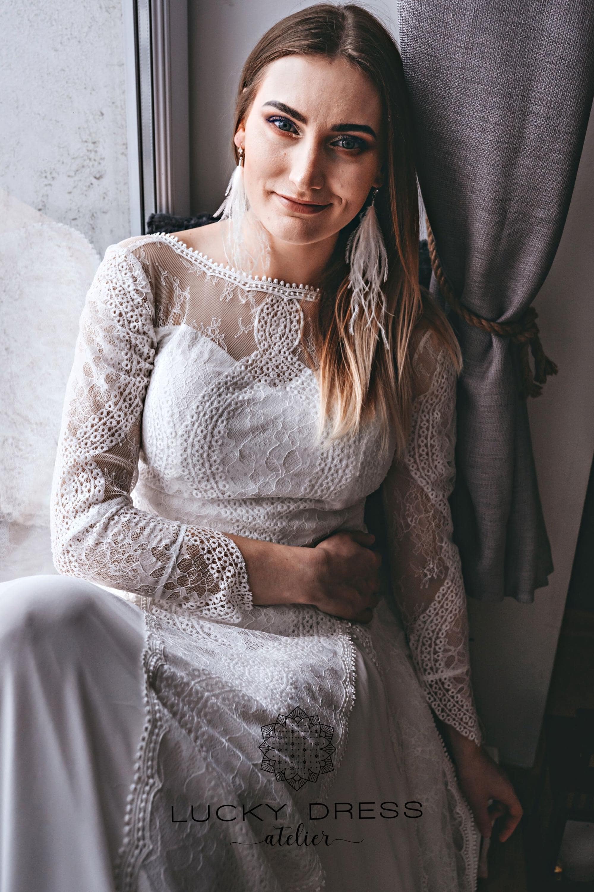 Long Lace Sleeves Bohemian Bridal Gown, Romantic Syle Rustic