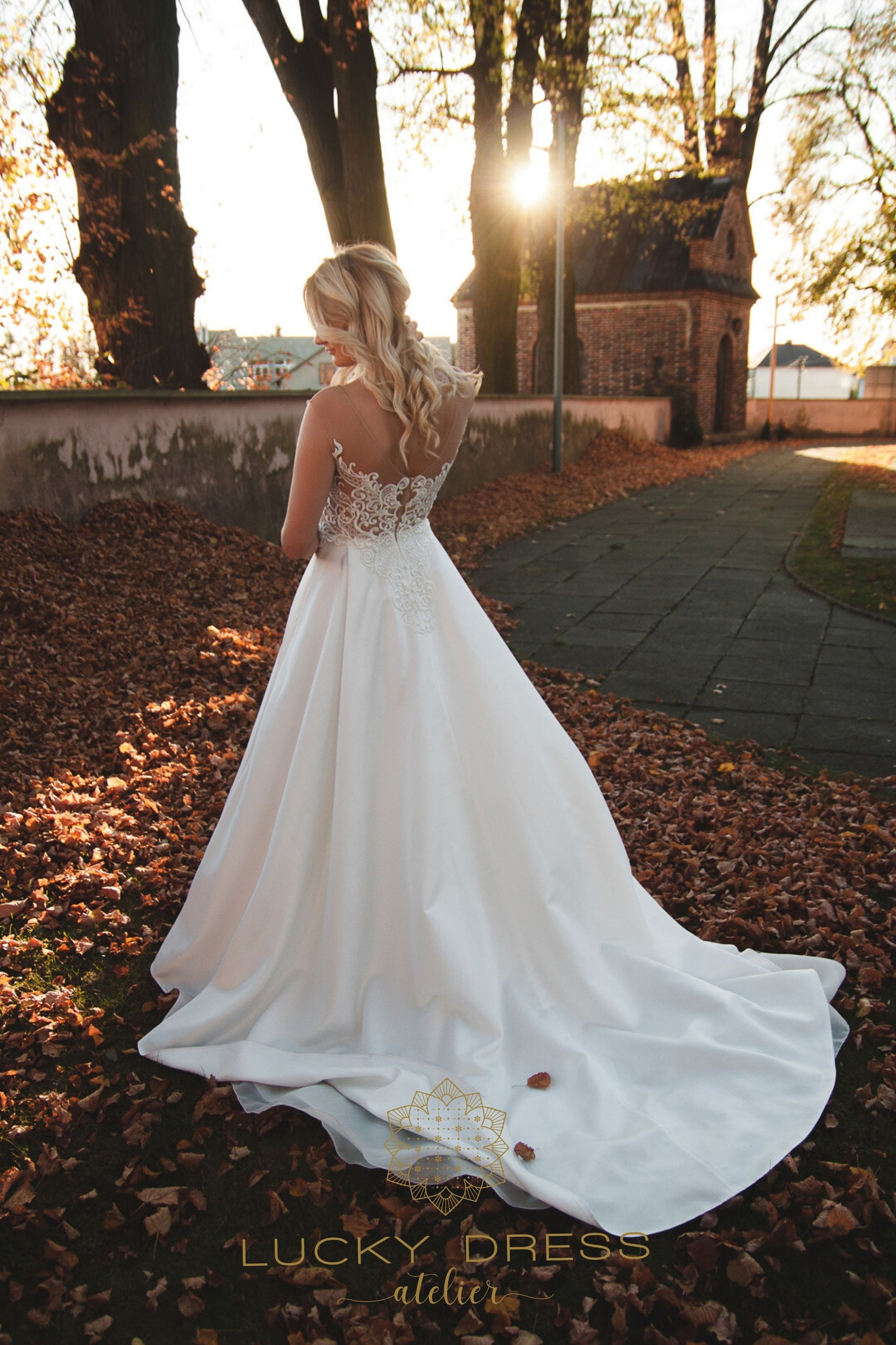 empire waist satin wedding dress A-Line Strapless Sweetheart Ivory Satin Long Wedding Dress, Slit Bow