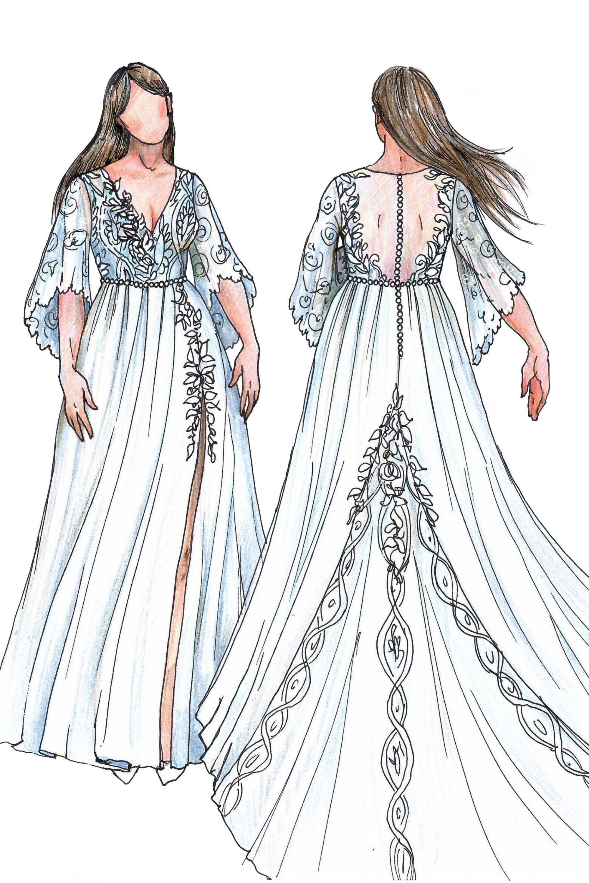 gown dress design drawing Finally completed this dress , Worked with a reference image this time so  I could really focus on the detailing, silhouette, and the flow of the  folds. Its not exactly the same as the reference and