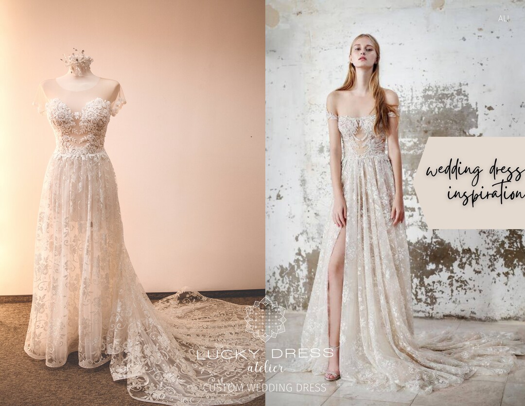 Custom Gold Glitter Wedding Dress With Short Sleeves off the Etsy