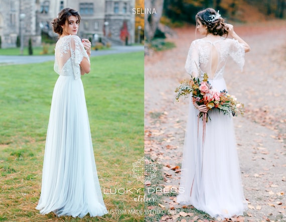 pale blue lace wedding dress