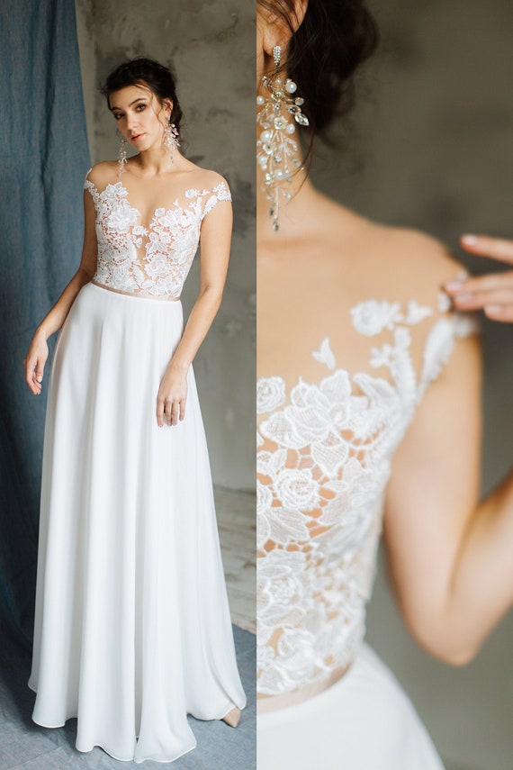 Emilia Ethereal Wedding Dress With 3d Lace On Nude Stretch Etsy