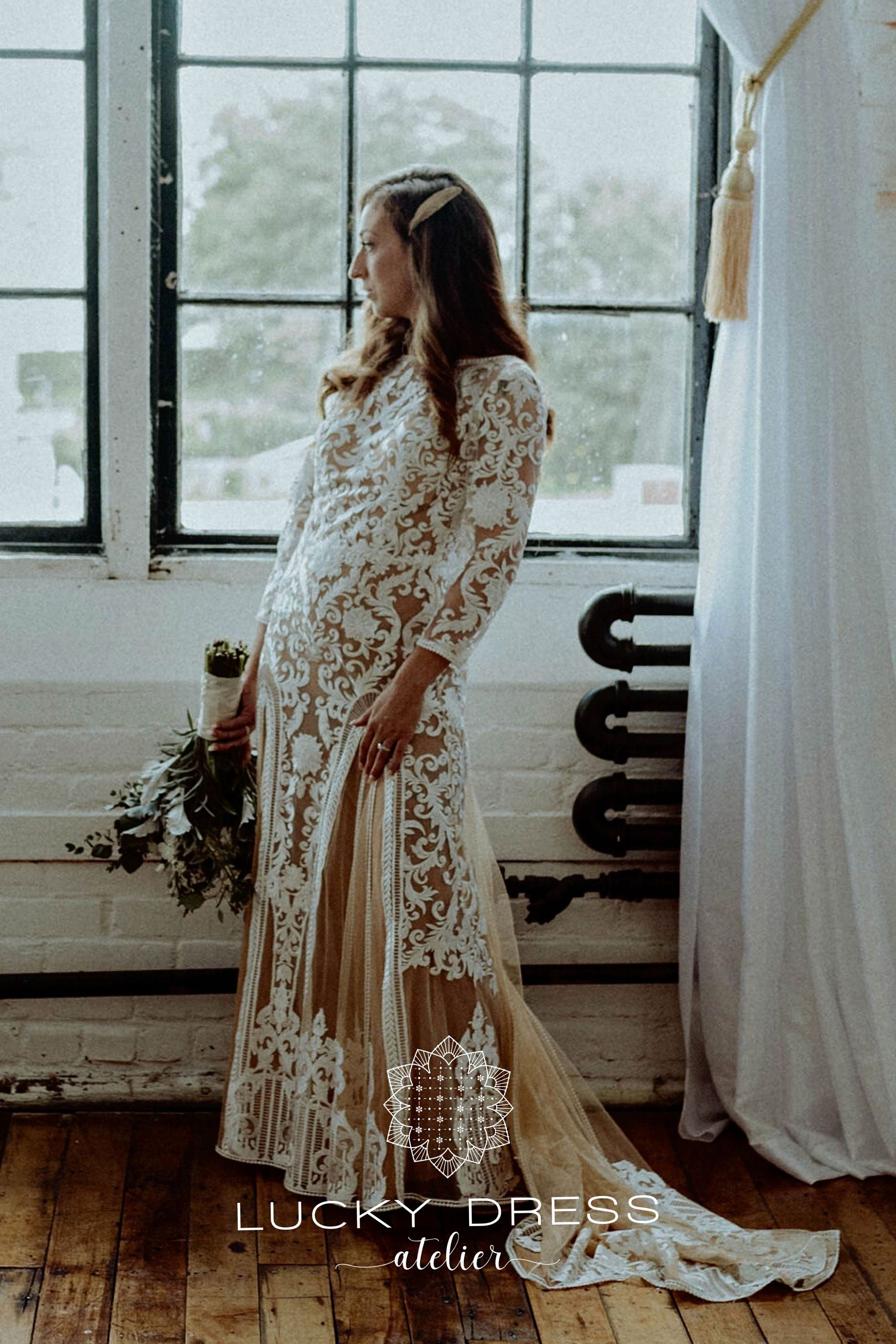 Geometric Lace Wedding Dress Nude 