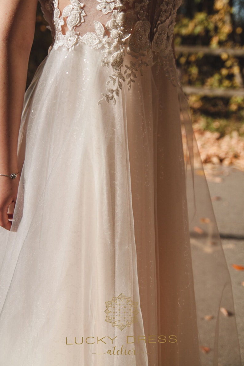 Lace Wedding Dress Glitter Blush Wedding Dress Deep V Bespoke Etsy