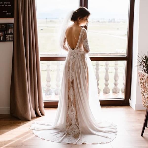 French Floral Lace Wedding Dress with Open Back, Customizable Elopement Boho Gown | HALINA