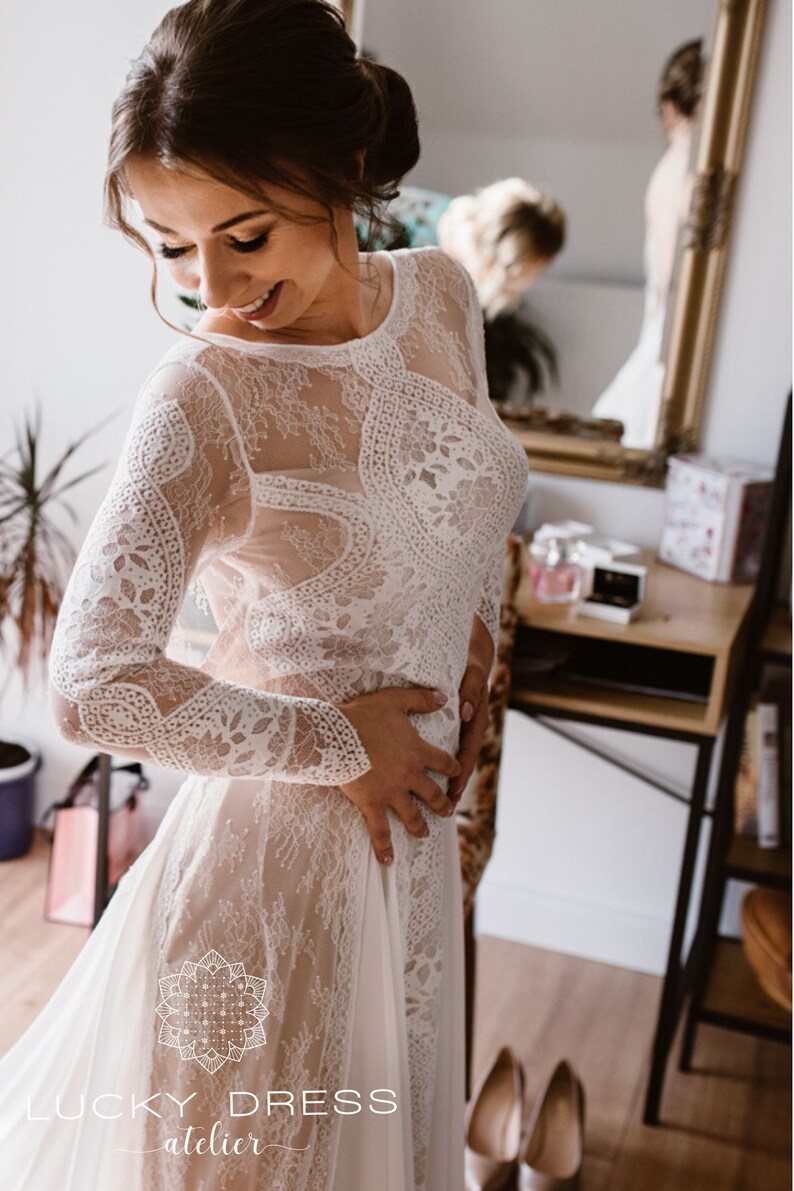 Floral lace wedding dress long sleeves boho Wedding dress Etsy