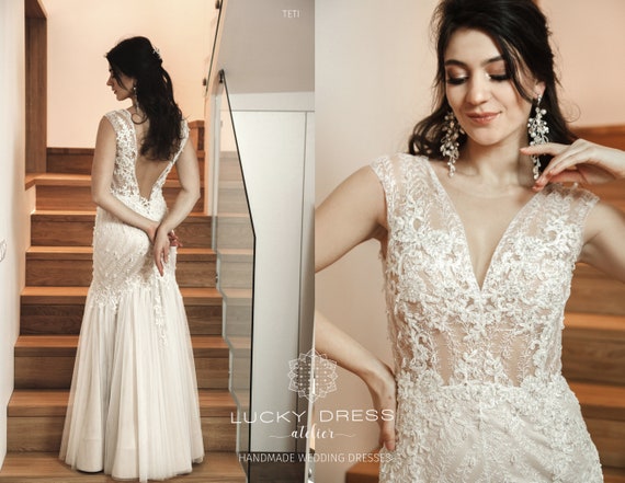 beige mermaid wedding dress