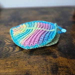 May include: A rainbow crocheted leaf with a blue border. The leaf is lying on a wooden surface.