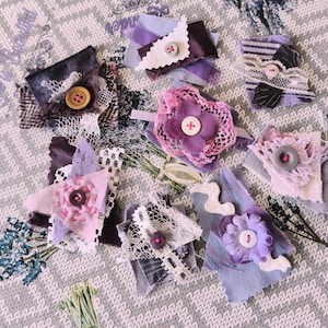 Random snippet clusters|viola, biege, purple colours, vintage fabric clasters|ephemera embellishments