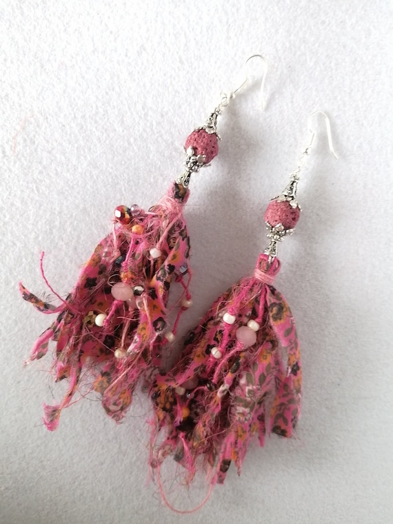 boho tribal fusion earrings, long earrings, romantic style dangle, rose pink colour, different beads, purple, textile art, fabric earrings