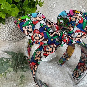 Video Game Brothers inspired hand-knotted bow headbands. Retro top knot. Universal hair accessories. Theme park headband.