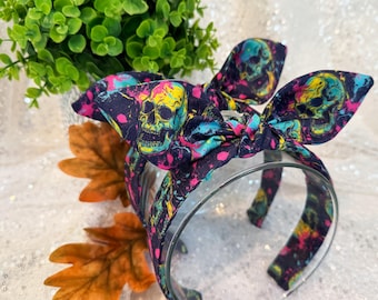 Skeleton Paint Splatter Headband: Hand-Knotted Retro Halloween Hair Accessory