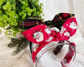Santa Plaid Hand-Knotted Bow Headband: Retro Christmas Hair Accessory