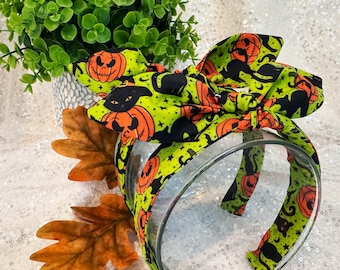 Neon Halloween Headband: Black Cats & Pumpkins