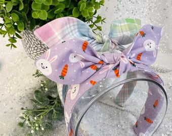 Easter Bunny Headband: Pastel Plaid Hand-Knotted Bow