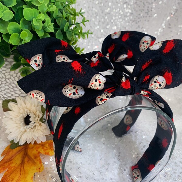 Hockey Mask Killer hand-knotted bow headbands. Halloween headband. Retro top knot. Women's hair accessories. Halloween headband.