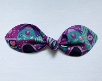 Disney Small World inspired hand-knotted hair bow. Retro top knot. Hair accessories. Disney inspired bow. Purple hair bow. Teal hair bow.