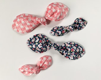 Hand-Knotted Spring Bunnies Hair Bow: Organic Cotton Retro Top Knot